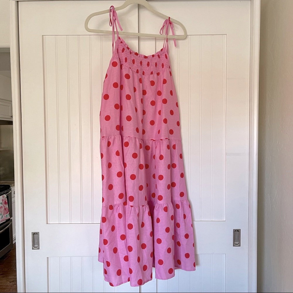 NWT Pink and Red Polka Dot Tiered Midi Dress